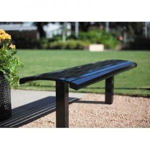 Modern steel outdoor bench without backrest, horizontal metal slats, square tubing legs on gravel surface