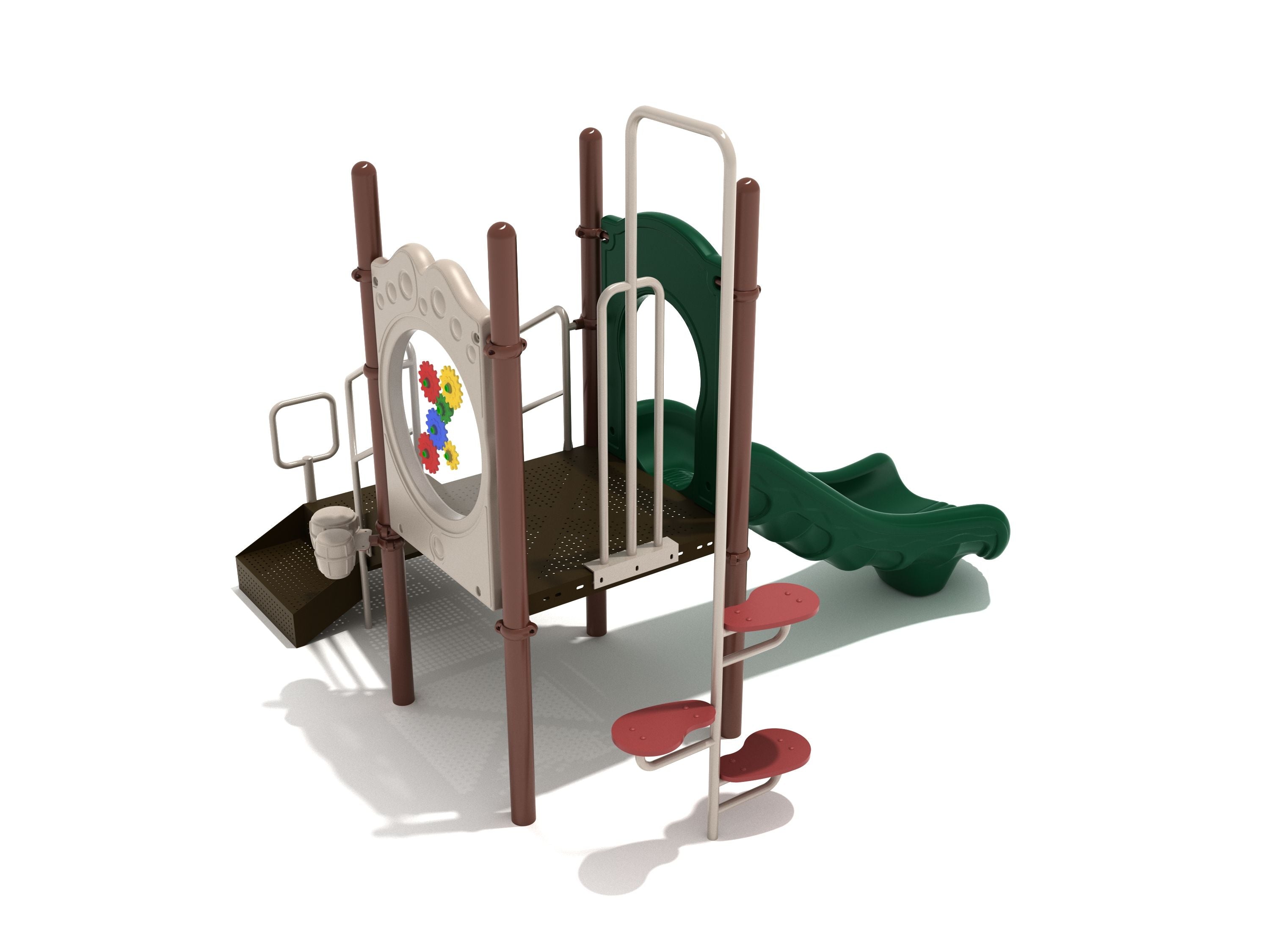 Compact playground structure with green slide, gear panel, spiral climber, pea pod climber, and safety-railed platform