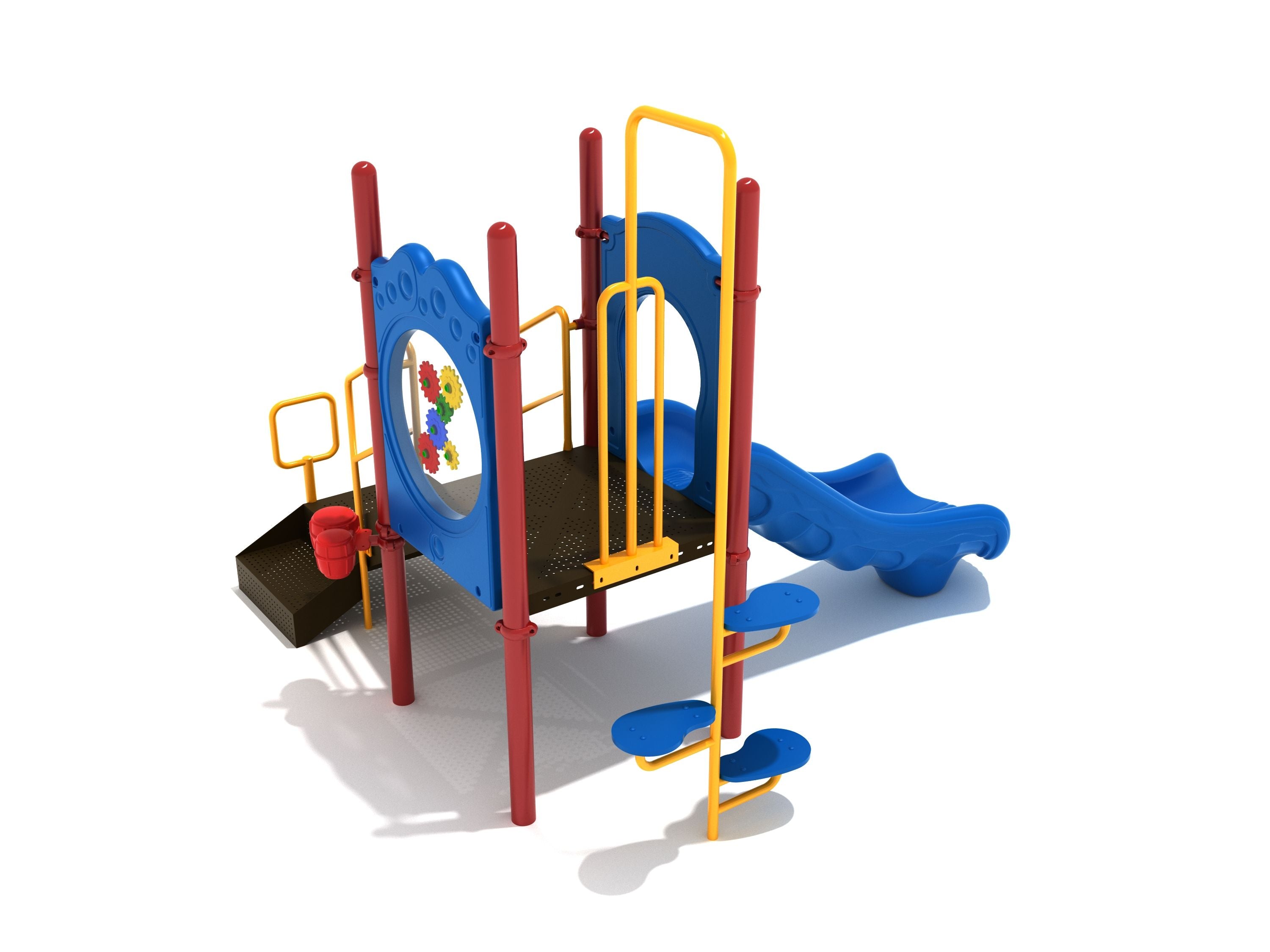 Compact colorful playground structure with blue slide, gear panel, climbing steps, red support posts, and interactive play features
