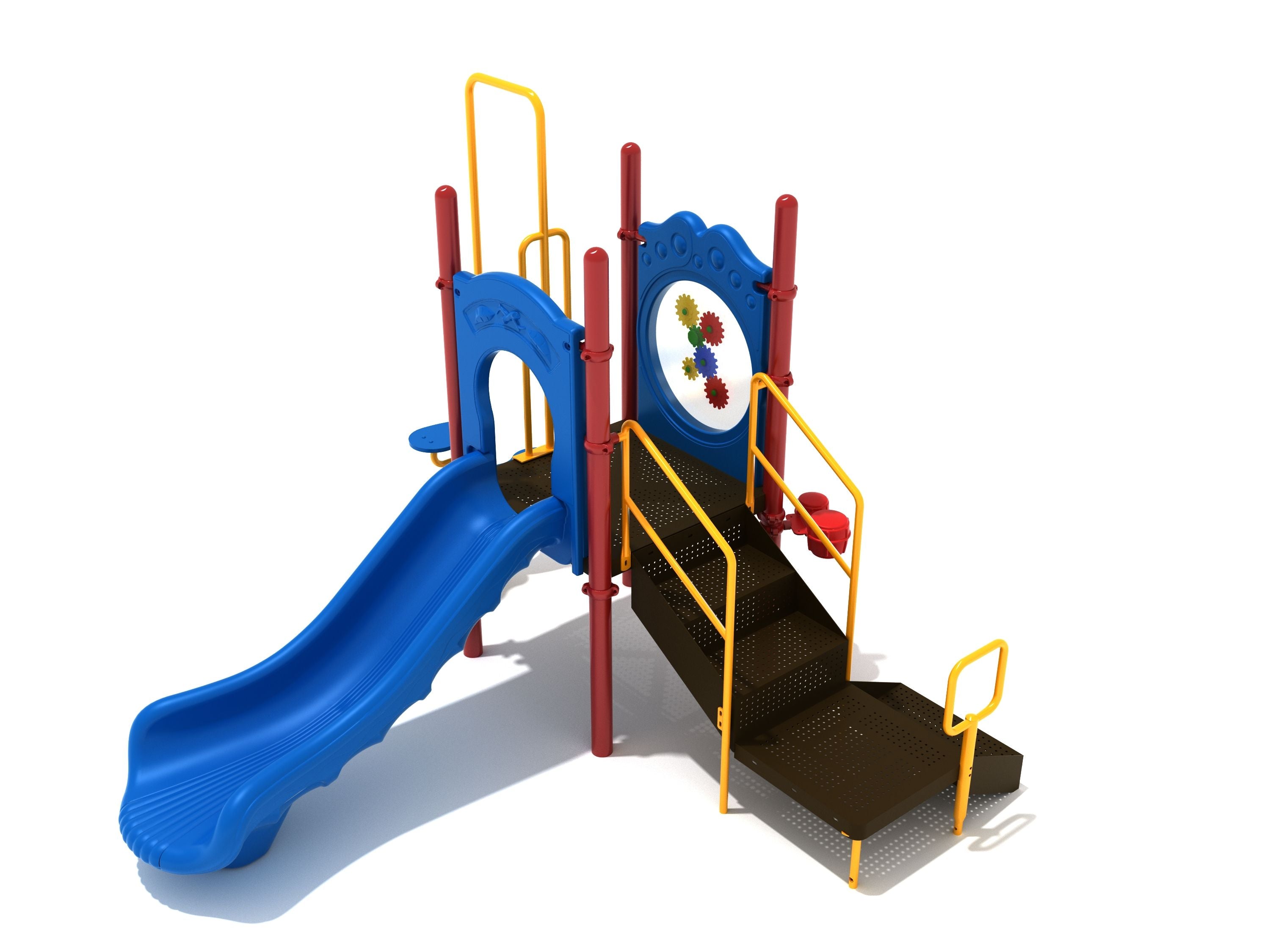 Rochester Playground with blue straight slide, red posts, yellow railings, gear panel, pea pod climber, and bongo drums on black platform