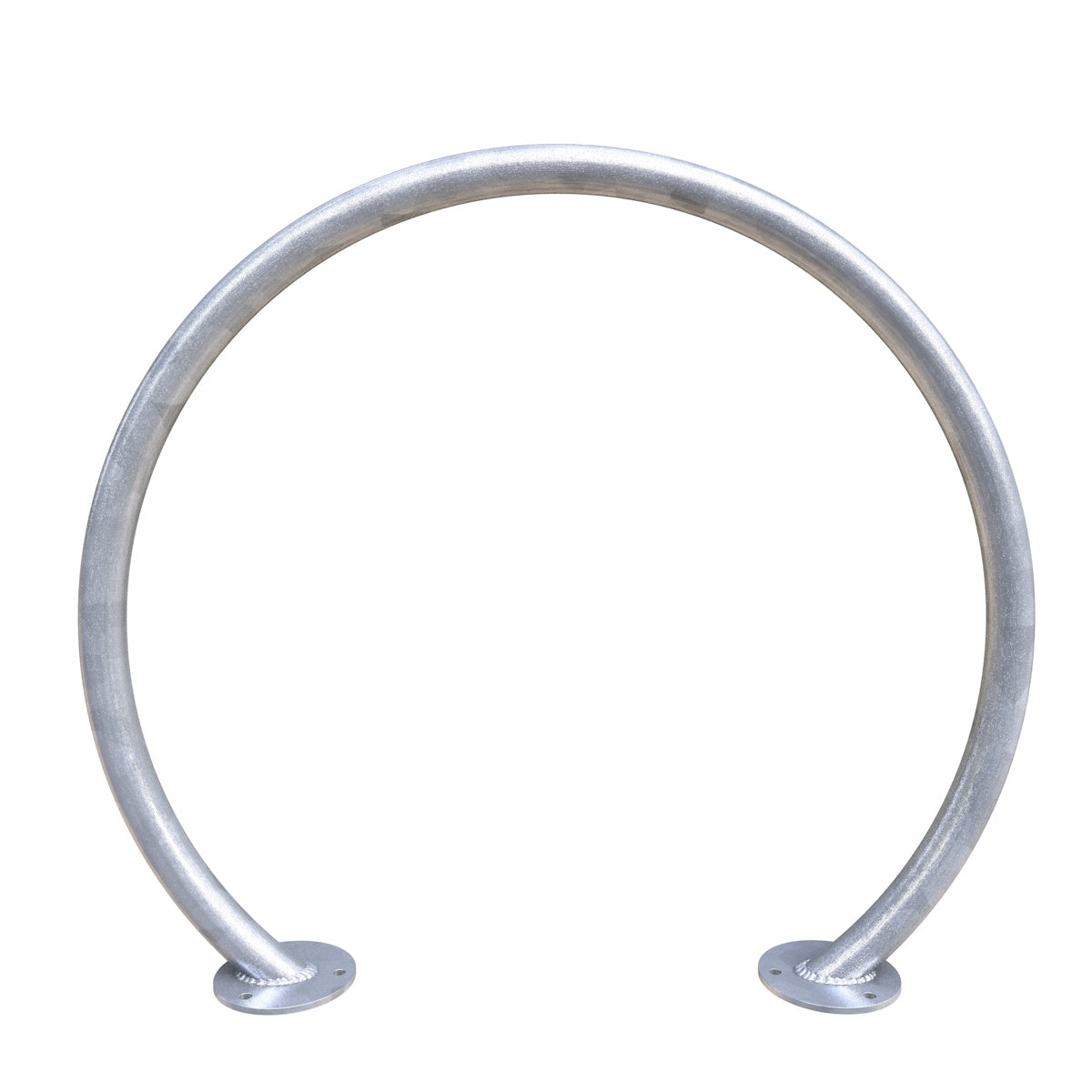 Galvanized steel round bike rack with two mounting plates for secure bicycle parking in public spaces