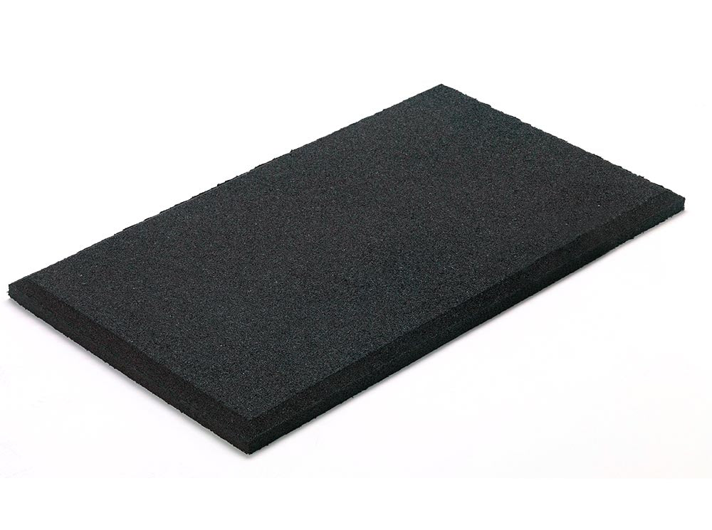Rubberific Swing and Playground Mat in black recycled rubber with beveled edges, durable non-slip surface for playground safety and maintenance reduction