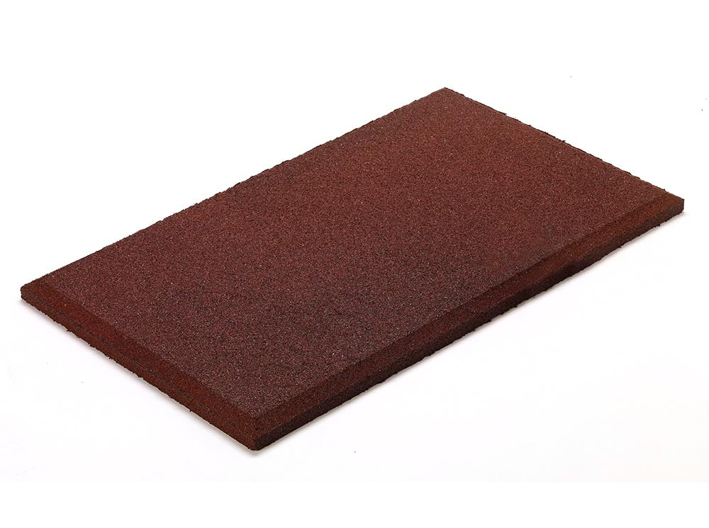 Rectangular redwood-colored durable rubber playground mat with beveled edges, made from recycled rubber
