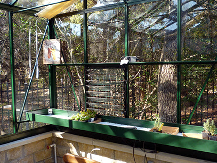 Dark green aluminum-framed greenhouse with glass panels, interior shelves, and garden tools inside