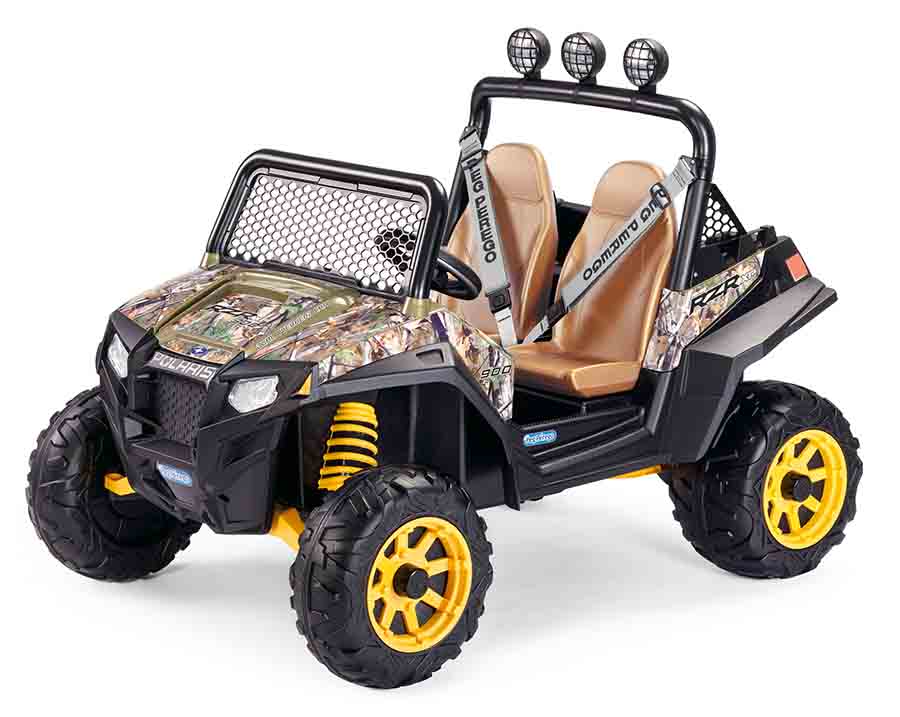 Polaris RZR 900 Camo 12-Volt Ride On Vehicle with camo body, yellow wheels, bucket seats, seat belts, roof lights, and cargo bed