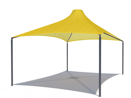 Yellow conical roof shade structure with four dark posts and internal framing casting a shadow below