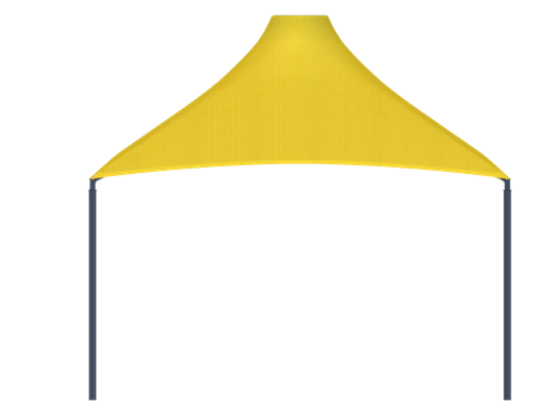 Yellow conical rooftop shade structure with four black posts and internal support framing