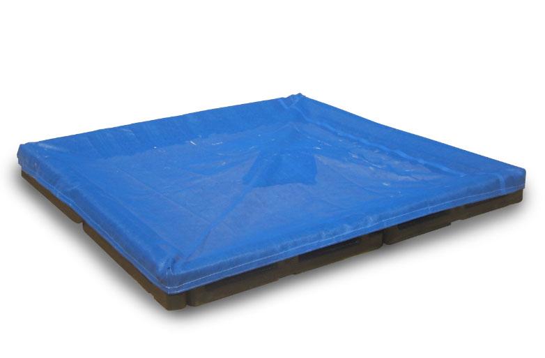Square backyard sandbox with dark brown wooden borders and taut blue protective cover
