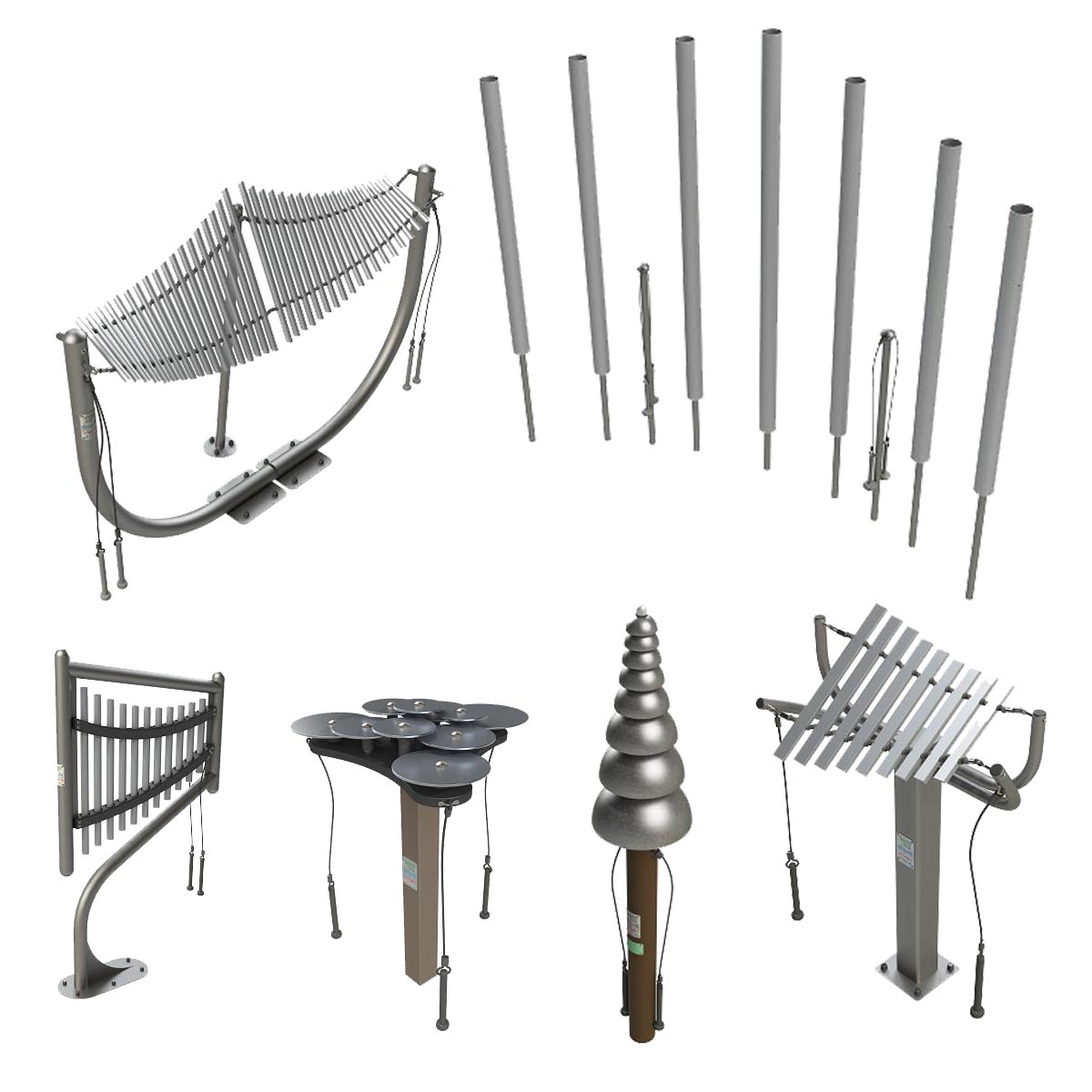 Sculptural Collection Outdoor Musical Park Instrument set with Contrabass Chimes, Harp, Lilypad Cymbals, Pagoda Bells, and Manta Ray on steel posts in a park setting