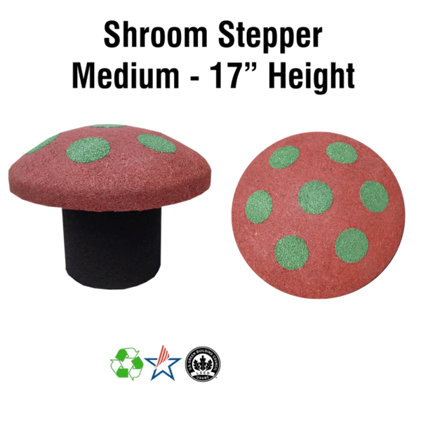 Medium rubber mushroom-shaped playground stepper with red cap and green spots, shown from side and top views
