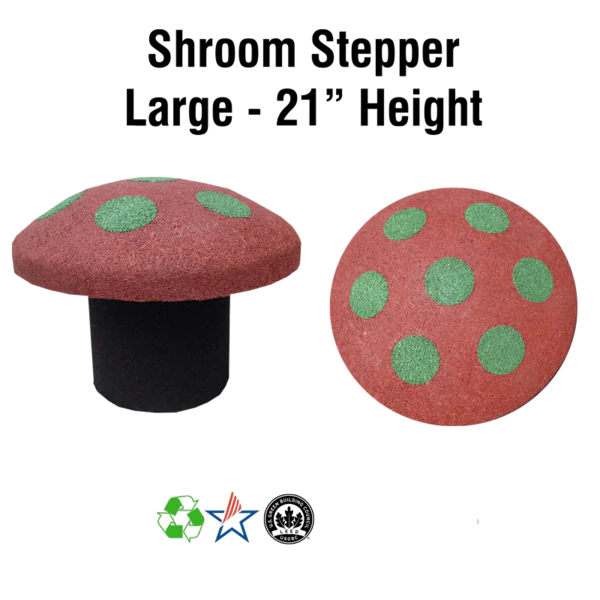 Red and green rubber mushroom-shaped playground stepper with textured surface, shown from side and overhead views