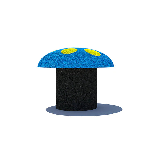 Blue and yellow rubber mushroom-shaped playground stepper with textured top and black cylindrical base