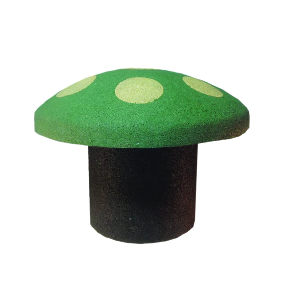 Green rubber mushroom-shaped playground stepper with light green dots on cap, designed for outdoor play and balance activities.