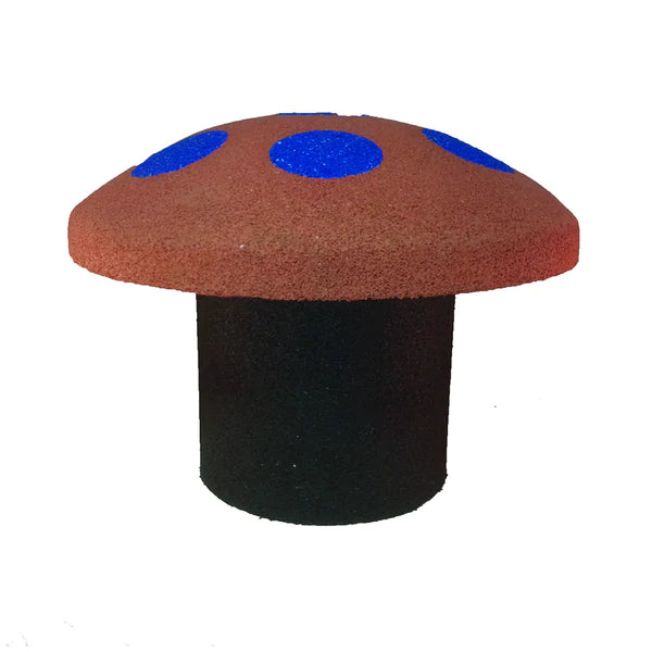 Rubber playground stepping block shaped like a mushroom with brown cap, blue spots, and black stem