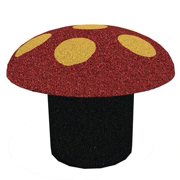 Shroom Stepper playground climbing equipment shaped like a red mushroom with yellow spots and black stem, nature-inspired rubber play structure