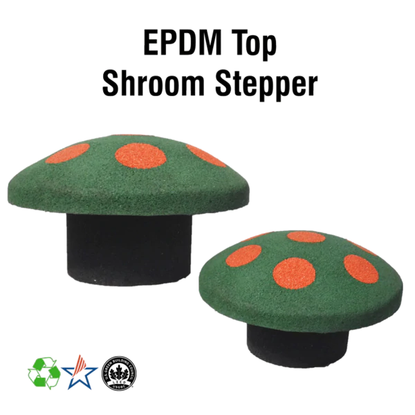 Two green rubber mushroom-shaped playground steppers with orange spots, designed for safe climbing and seating.