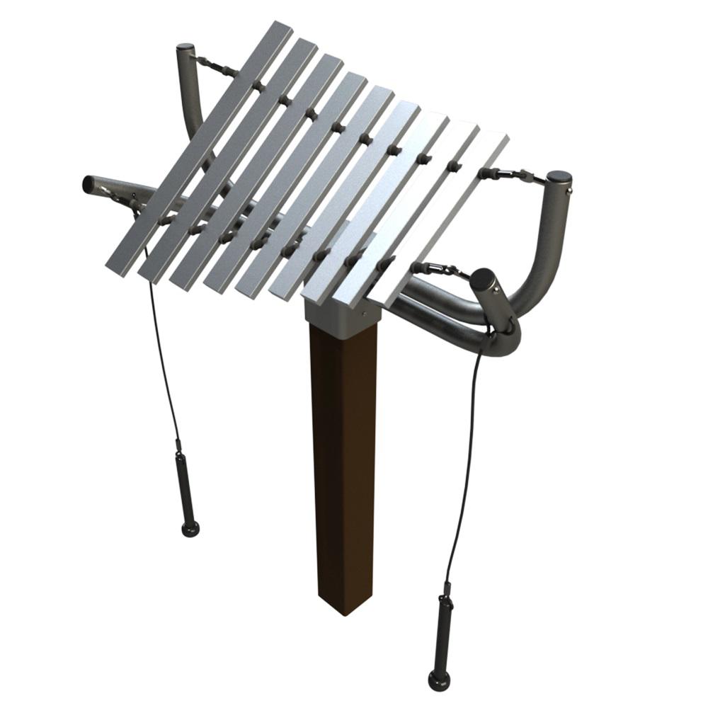 Outdoor musical instrument with nine silver aluminum bars on a single post and two hanging mallets for interactive play