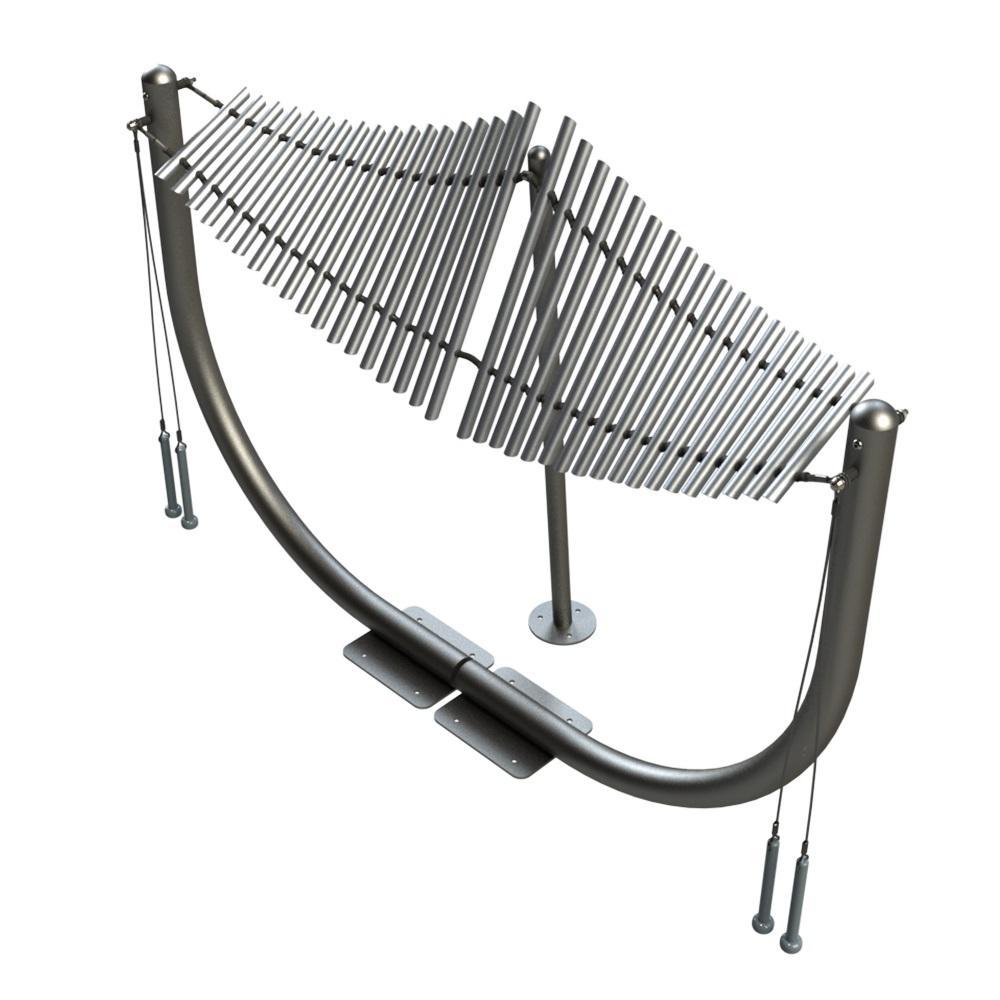 Manta Ray Outdoor Musical Park Instrument with anodized aluminum chime tubes and powder-coated steel frame in a play area setting