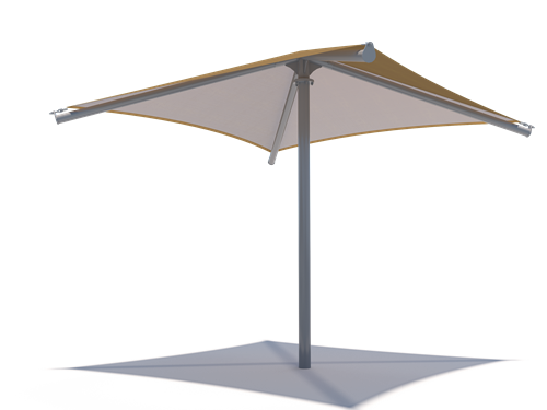 Desert sand-colored single post pyramid shade structure with UV-blocking fabric and central support pole