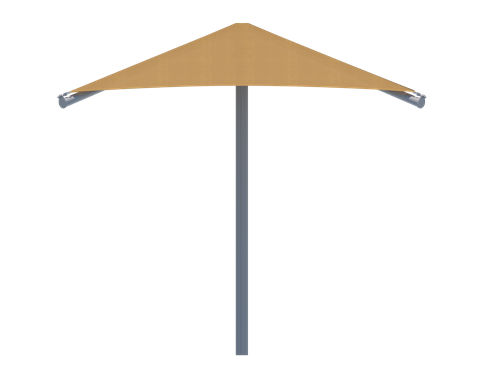 Single post pyramid shade structure with desert sand fabric blocking UV rays, viewed from the front.
