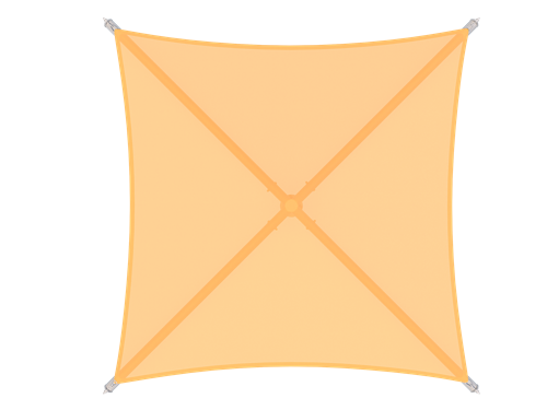 Overhead view of a desert sand-colored pyramid shade fabric with a single central post and tensioned corners blocking UV rays