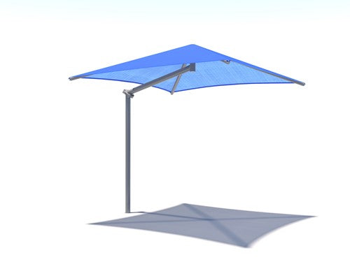 Single post cantilever shade with royal blue pyramid fabric blocking UV rays, casting shadow below.
