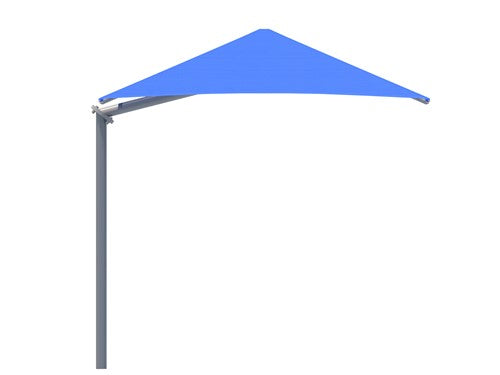 Single post cantilever shade with royal blue pyramid fabric blocking UV rays, designed for outdoor play and seating areas