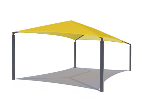 Yellow slanted hip shade structure with four dark posts casting shadows, designed for ballpark bleacher seating protection