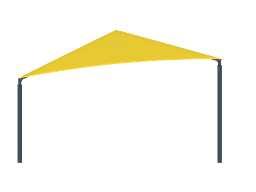 Yellow slanted hip shade structure with four dark posts providing sun protection over bleacher seating at sports venues
