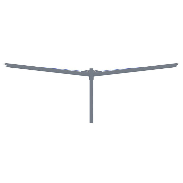 Double slanted cantilever shade structure with two columns and tilted royal blue fabric top providing angled coverage