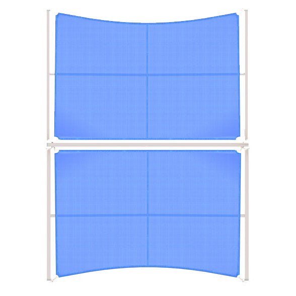 Overhead view of double slanted cantilever wing shade with royal blue fabric and white frame
