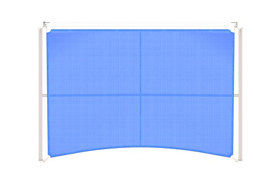 Slanted cantilever wing shade with royal blue fabric, angled coverage, supported by two grey poles