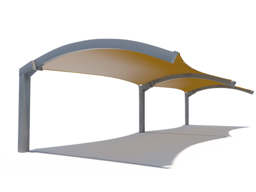 Cantilever shade structure with arched roof, dual yellow fabric panels, and gray metal posts for vehicle and outdoor area shading