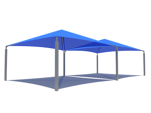Blue single-post pyramid shade structure with durable UV-blocking fabric canopy over outdoor play area