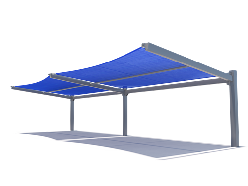 Blue slanted cantilever wing shade with angled fabric canopy supported by two grey poles
