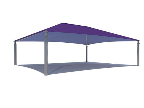 Rectangular purple hip roof shade structure with four metal posts providing UV protection for playground and picnic areas