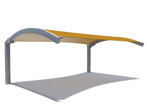 Cantilever shade structure with arched gray frame and yellow fabric canopy casting shadow over open area