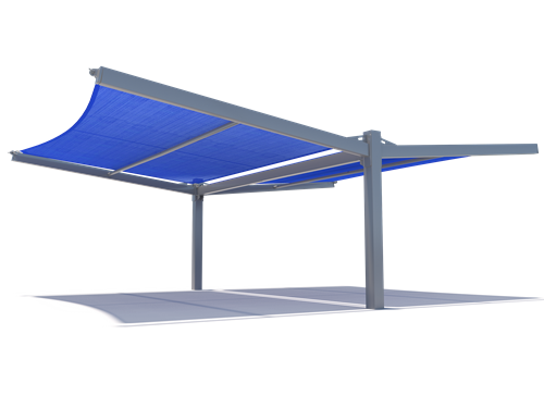 Cantilever Wing Cabled Double Slanted Shade Structure with electric purple tilted fabric top and two gray columns