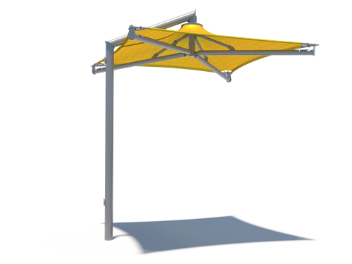 Cantilever single post shade structure with yellow fabric canopy and gray metal frame casting shadow