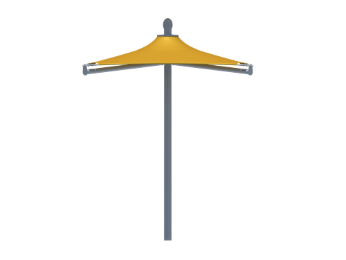 Yellow cantilever single post shade structure with conical canopy and metal support arms, designed for small outdoor seating areas.