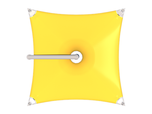 Overhead view of yellow cantilever single post shade structure with central support pole and tensioned fabric corners