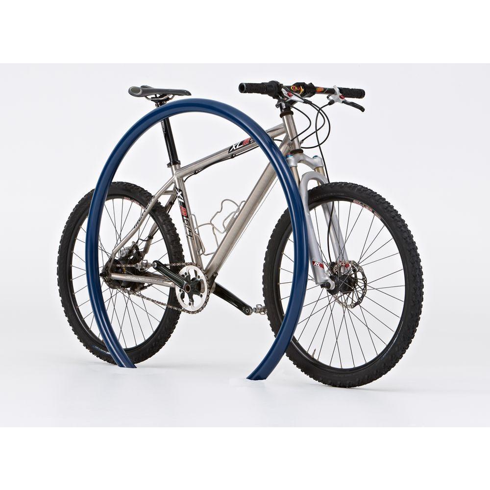 Blue large round tube bike rack with a silver mountain bike secured, side view, sturdy steel frame with powder-coated finish