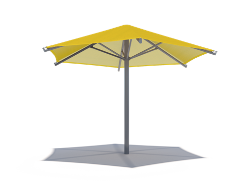 Hexagon Single Post Umbrella Roof Shade Structure with yellow canopy and central gray pole casting hexagonal shadow over playground area