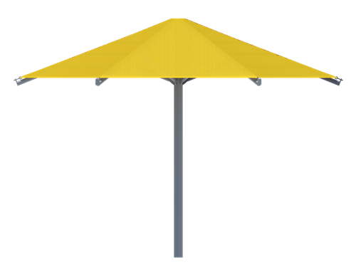Yellow hexagonal fabric canopy with metal frame providing UV-blocking shade for playground or picnic areas