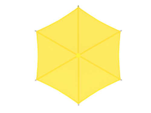 Overhead view of yellow hexagonal single post umbrella roof playground shade structure blocking UV rays
