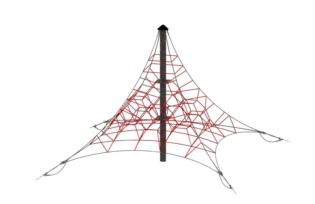 Red and black spider web climbing structure with multi-directional ropes and central support pole for playground use