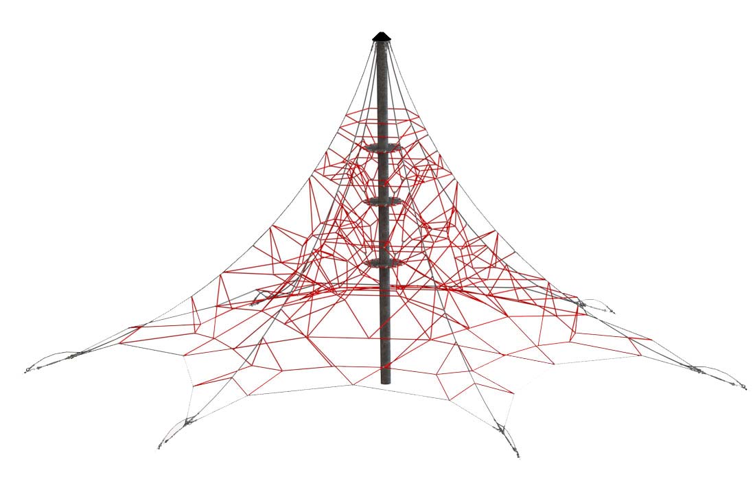 Red and black multi-level rope climbing structure with central pole and six anchor points for playground use