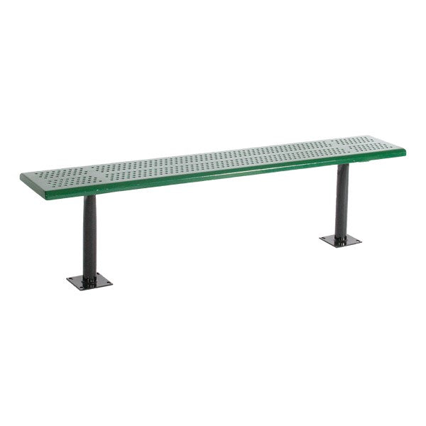 Perforated Steel Park Bench without Back in green with black powder-coated steel support legs on white background