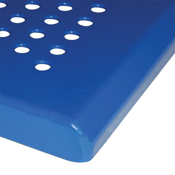 Corner close-up of blue powder-coated perforated steel park bench seat with round holes and smooth finish