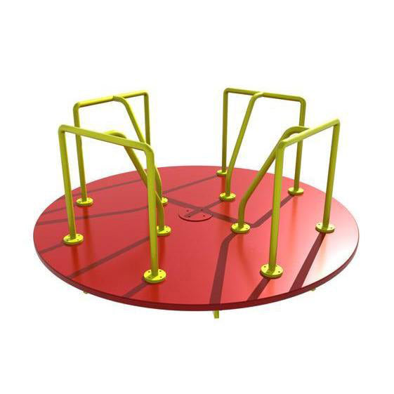 Red circular playground merry-go-round with six yellow powder-coated steel handrails and punched steel deck for drainage and footing